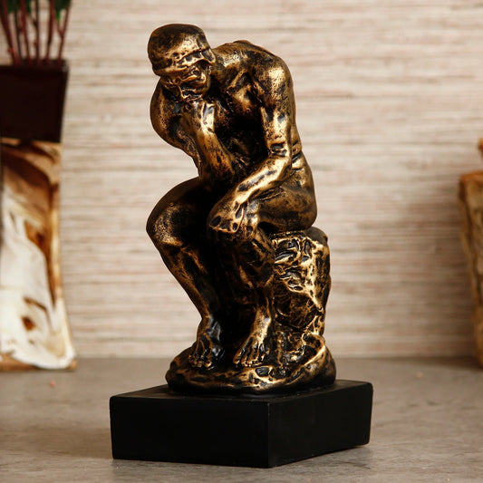 Antique Finish Thinking Man Figurine Sitting on Rock