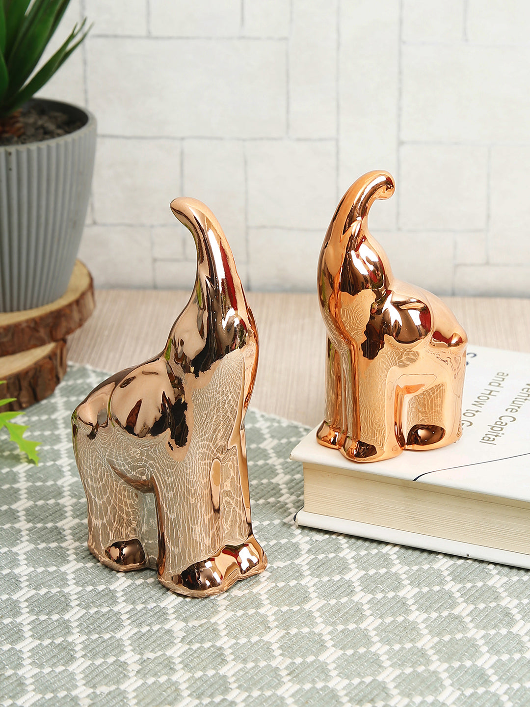 2-Pcs Rose Gold Ceramic Elephant Showpiece