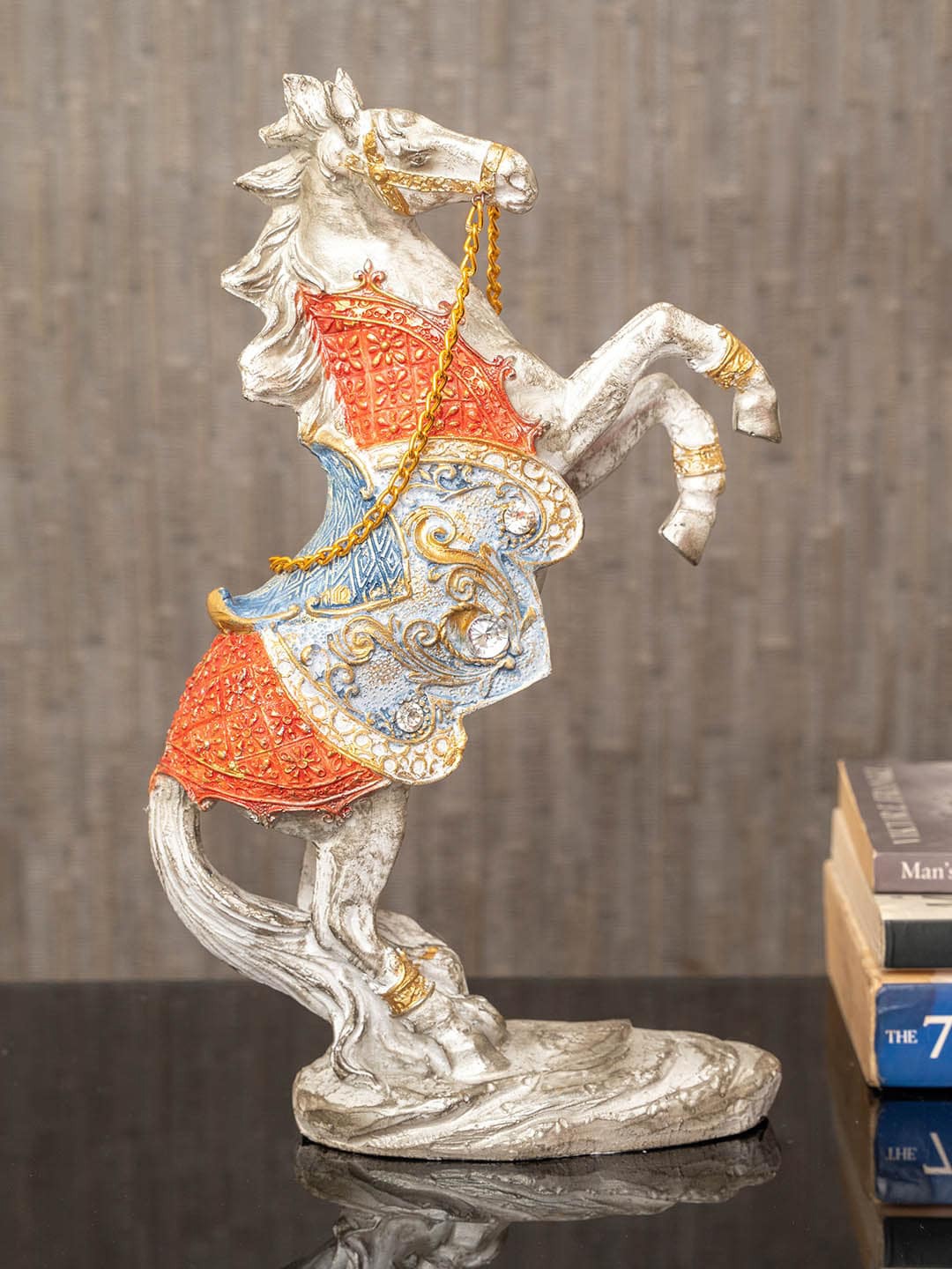 Silver-Toned & Red Roaring Horse Statue